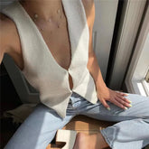 2024 Women's Vintage Y2k Sweater Knitwear Vest Fitted Sleeveless Open Tie-Up V Neck Solid Color Tank Tops Summer Cardigan Tide voguable