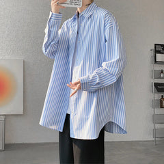 Blue Striped Shirt Men Fashion Society Mens Dress Shirt Korean Loose Long Sleeved Shirt Mens Casual Shirts Large Size 5XL voguable