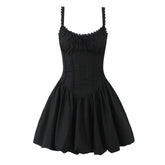 Women Lace Spliced Black White Sling Mini Dresses Sexy Low Waist Cotton Summer Sexy Party Dress Lacing Up Robe
