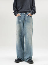 Men's Fashion Paint Spots Baggy Straight Jeans Vintage Ice Blue Denim Pants High Street Hip Hop Trousers Mens Designer Clothes voguable