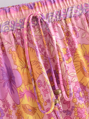 Voguable Pink Contrast Flower Print Maxi Long Skirt Spliced Ruffle Hem Hippie Women Ball Tassel Bow Waist Swing Skirts Holiday voguable