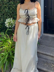 TARUXY Ruffle Bandage Mesh Dress Sets For Women Lace See Through Crop Tops Ladies Holiday Elegant Skirt Suits Womens Outfits New voguable