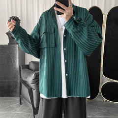 Spring Autumn New Fashion Turn-down Collar Long Sleeve Striped Blouse Men's Clothing Pockets Button Japanese Style Trend Shirts voguable