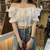 Voguable Summer Off Shoulder Lace Up Short Sleeve Blouse Women Crop Top White Bow Square Neck Sweet Ruffle Tunic Shirts Korean Fashion voguable