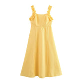 Fashion French Yellow Suspender Dress Long Dress 2025 Summer Ruflle Square Collar New Dress A-line Simple Fashion Woman Clothing voguable
