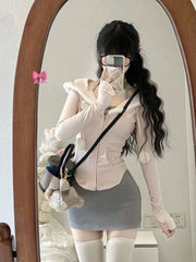 Voguable 2024 New Japanese Style Kawaii Cute Suit Woman Cashal Vest + Slim Mini Skirt + Hooded Pink Fashion Coat Sweet 3 Piece Set Chic voguable