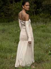 Off-shoulder Strapless Sexy Maxi Dress Women Summer New Patchwork Backless Long Sleeve Pleated Long Dress Elegant voguable