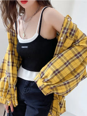 Voguable Fashion Plaid Women Shirt Fashion Korean Oversize Tops Harajuku Daily All-match Long Sleeve Chic Female Yellow Shirts New voguable