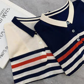 Voguable Women Clothing Summer Trendy Striped Polo Collar Ice Silk Knitted T-shirt Elegant Simple Casual Short Sleeve Loose Pullover Tops voguable