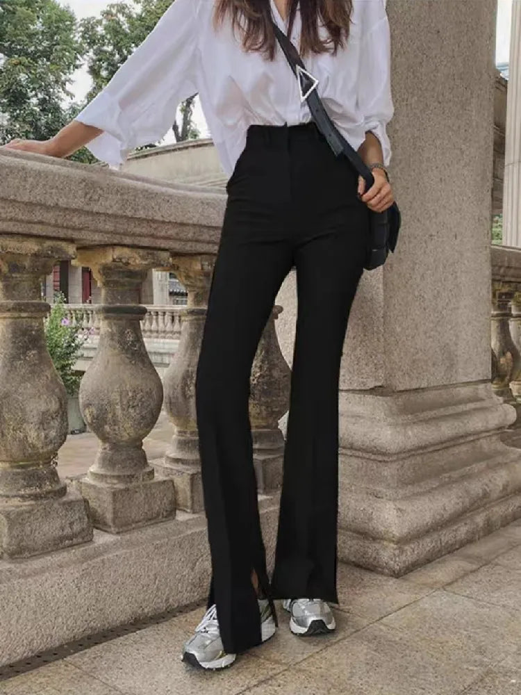 Voguable  Spring High Waist Slim Side Cuff Slit Flare Pants Women Trousers Package Hips Stretch Pants Khaki Black voguable