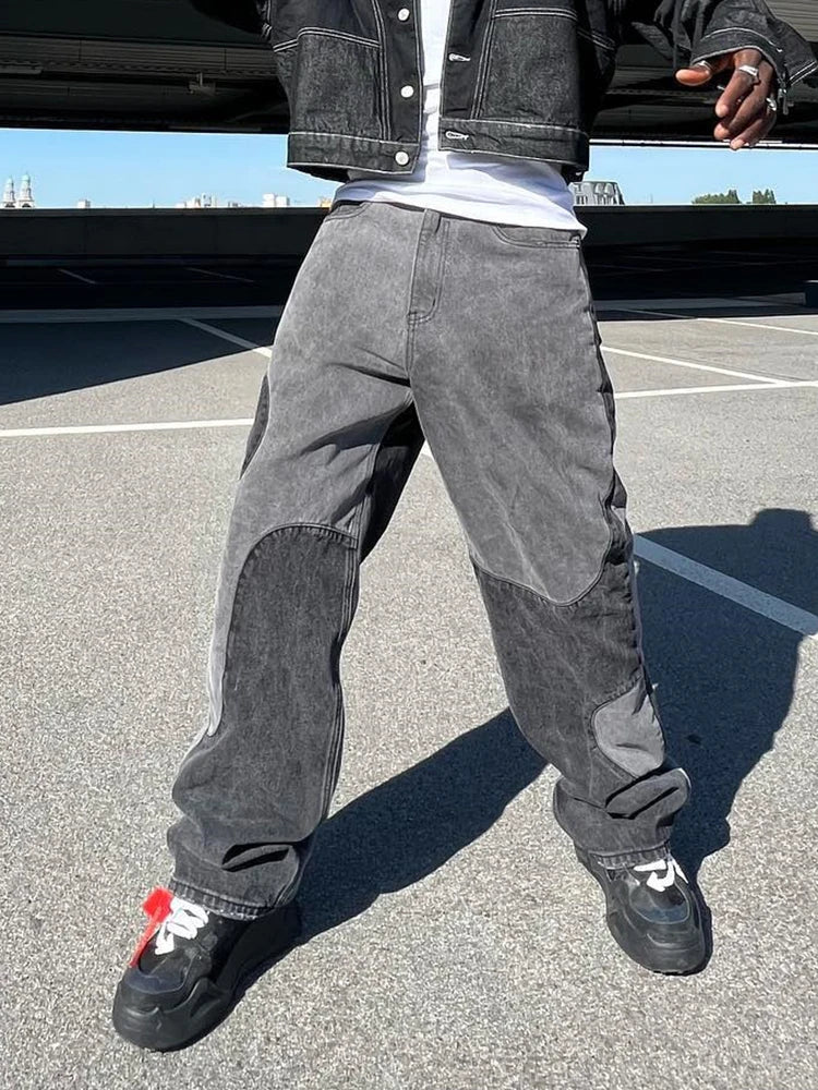 Baggy Jeans Y2K Hombre New Design Gray Spliced Denim Pants Loose Jean Trousers Vaqueros Fashion Patchwork Straight Jeans For Men voguable