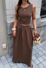 Voguable Spring/Summer New Women's Set Solid Color Leisure Resort Style Sleeveless Backless Top Half Skirt Two Piece Set voguable
