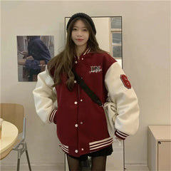 Y2k Varsity Bomber Jacket Women Red Brown Korean Fashion Winter Coat Vintage Baseball Jackets Hip Hop Streetwear Outerwear Tide voguable