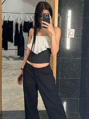 TARUXY Splice Lace Crop Tops Women Bodycon Sexy Off the shoulders Sleeveless Tank Top Women's Club Slim Hollow Out Clothing 2023 voguable