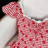 Voguable Gentle Cute Print Strawberry Fresh Ropa Mujer Sweet French Age Reduction Bow Slim Blusas Plaid Short Lace Patchwork Shirt voguable