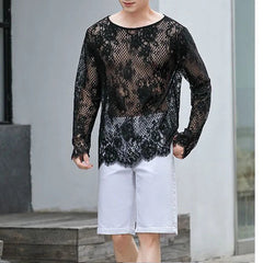 Voguable Man Lace T-shirt New Hollow Long Sleeve Bottoming Shirt Fashion Casual High Street Solid Color Men's Wear voguable