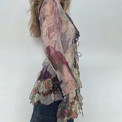 Vintage Transparent Crop Top with Slit 90s Mesh Print Ruffles Patchwork Full Sleeve Bandage Women T-shirt Grunge y2k Tees voguable