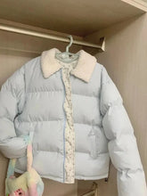 Blue Floral Patchwork Parkas Women Korean Sweet Winter Warm Puffy Coat Casual Long Sleeve Loose Preppy Style Cotton Jacket voguable