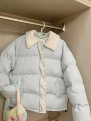 Blue Floral Patchwork Parkas Women Korean Sweet Winter Warm Puffy Coat Casual Long Sleeve Loose Preppy Style Cotton Jacket voguable