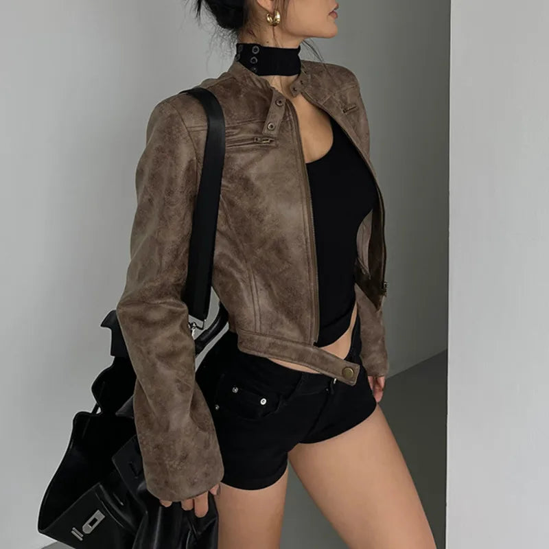 WOMENGAGA Stand Collar Jacket Leather Short Coat Women Autumn New Straight Tube Slim Short Motorcycle Jacket Korean Sweet voguable