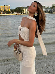 Hollow Out Backless Sexy Maxi Dress Women Gown Summer Halter Off-shoulder Backless Club Party Long Dress Elegant voguable