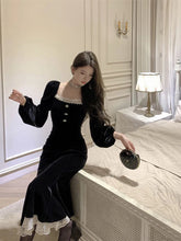 Lace Patchwork Black Dress Women Fall Winter French Elegant Square Collar Midi Dress Ladies Gold Velvet Party Fishtail Vestidos voguable