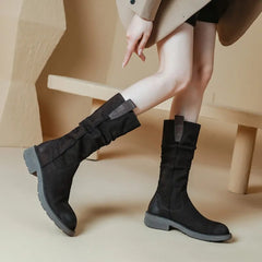 New Vintage Women Mid-Calf Boots Genuine Leather Thick Heels Office Ladies Working Shoes Woman Autumn Winter Retro Style voguable