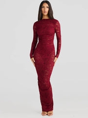 Lace Backless Sexy Maxi Dress For Women Gown Fashion Solid O Neck Long Sleeve Ruched Bodycon Club Long Dress Vestido voguable
