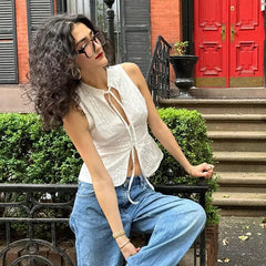 y2k Tank Top Women Summer Clothes White Flower Embroidery Mock Neck Front Cutout Sleeveless T Shirt Vest Streetwear voguable