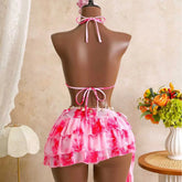 Voguable Women 3 Piece Hibiscus Print Bikini Set with Mesh Ruffle Skirt Halter Triangle Top Beachwear Backless Swimwears Bathing Suits voguable