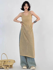 Voguable Designed Hollow Out Women Dress Loose Summer Korean Tanks Dress Casual Khaki Split Ladies Long Dress voguable