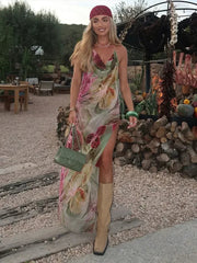 Sexy Printed V-neck Halter Long Dresses Women Retro Sleeveless Backless Side Slit Beach Dress Female Fashion High Street Holiday voguable