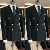 Voguable 2 Piece Black Striped Men's Suit Set Golden double breasted Lapel Jacket Elastic Pants Wedding Part Prom Dinner Wrok Travel voguable