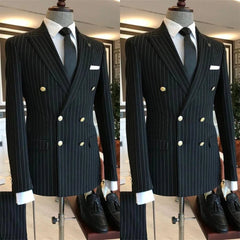 Voguable 2 Piece Black Striped Men's Suit Set Golden double breasted Lapel Jacket Elastic Pants Wedding Part Prom Dinner Wrok Travel voguable