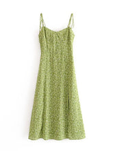 Voguable Women Green Floral Print Sling Dress Sundress Female V Neck Sleeveless Hem Slits A-line Chiffon Dress voguable