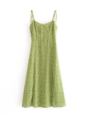 Voguable Women Green Floral Print Sling Dress Sundress Female V Neck Sleeveless Hem Slits A-line Chiffon Dress voguable