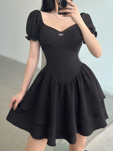 Black Square Neck Slim Pleated Mini Dress mysite
