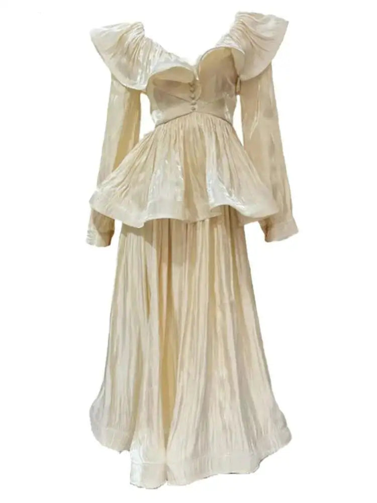 Solid Ruffles Women's 2 Piece Sets V Neck Long Sleeve Shirt High Waist Skirts Loose Elegant Set Autumn 2025 New voguable