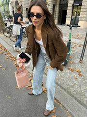 Chic Brown Suede Jacket For Women Elegant Lapel Long Sleeve Single Breasted Pockets Coats Autumn Office Lady Commuting Outwear voguable