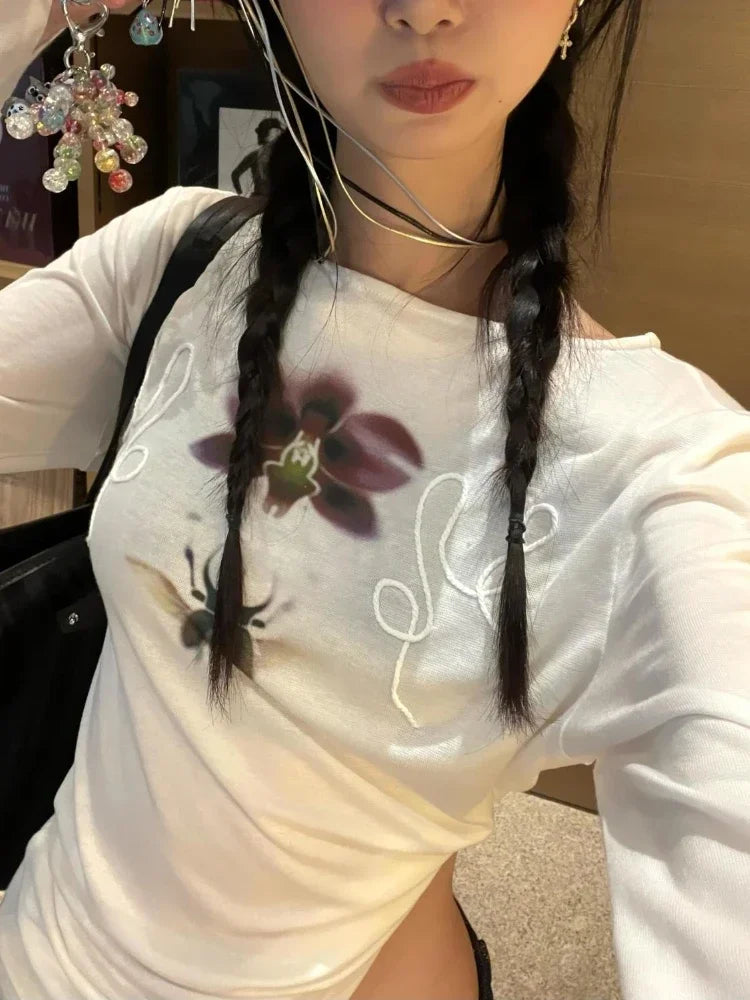 Y2k Printed Off Shoulder T-shirt Sweet Transparent White Long Sleeve T-Shirts Korean Fashion Casual Loose Tops Slim Up voguable