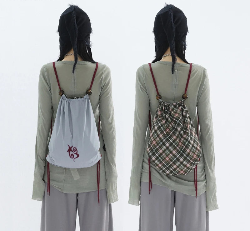 Patchwork Drawstring Vintage Plaid Backpack Y2k Aesthetic Women Grunge Schoolbags Streetwear Y2k Aesthetic Backpacks for Women voguable