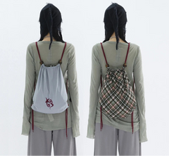 Patchwork Drawstring Vintage Plaid Backpack Y2k Aesthetic Women Grunge Schoolbags Streetwear Y2k Aesthetic Backpacks for Women voguable