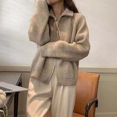 Alobee Super High Sense Nice Purple Knit Cardigan Outerwear Autumn and Winter 2024 New Thickened Lapel Zip-up Sweater Women voguable