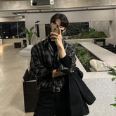 Voguable Korean Plaid Shirt Men Oversized Fashion Retro Casual Shirt Men Streetwear Loose Long Sleeved Shirt Mens Black Vintage Shirts voguable