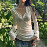 Voguable Women's Sheer Long Sleeve Hooded Top Korean Fashion Slimming Sexy V-neck See-through T-shirt Trendy Summer Y2K Streetwear Corset voguable