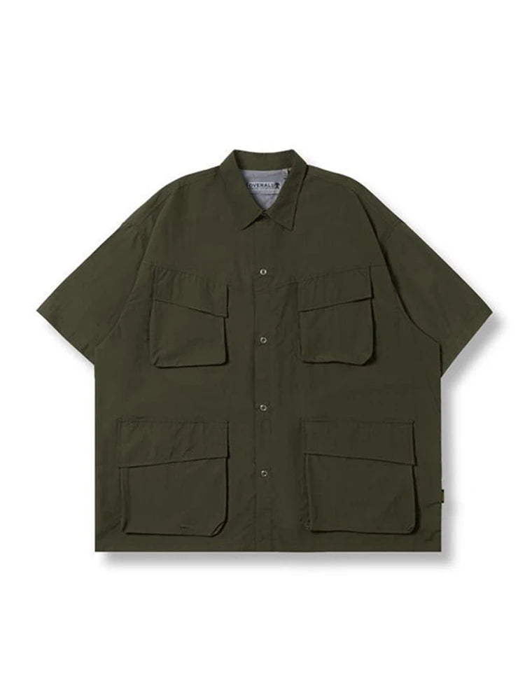 Voguable Multi Pocket Lapel Shirt Loose Workwear Short Sleeve Button Blouse Men Women Vintage CityBoy Japan Premium Cargo Shirt voguable