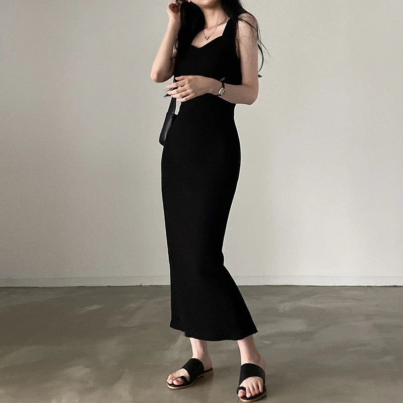 Basic Knit Long Dress Korean Fashion Square Collar Sleeveless Women's Dresses Summer Casual Y2k Vintage All-match Outftis voguable