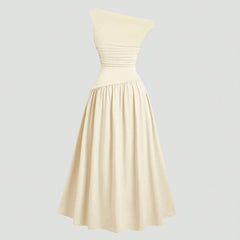 Dresses Summer French Plain Asymmetrical Folds Sleeveless One-Shoulder Draped Midi Basics Dresses For Women voguable