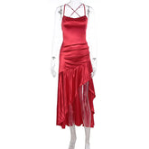 Satin Spaghetti Strap Ruffled Sexy Maxi Dress For Women Gown Red Off-shoulder Sleeveless Backless High Split Long Dress voguable