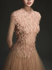 New High Neck Women Dress Sleeveless Exquisite 3D Floral Embellishments Flowing Tulle Long Dresses Female voguable